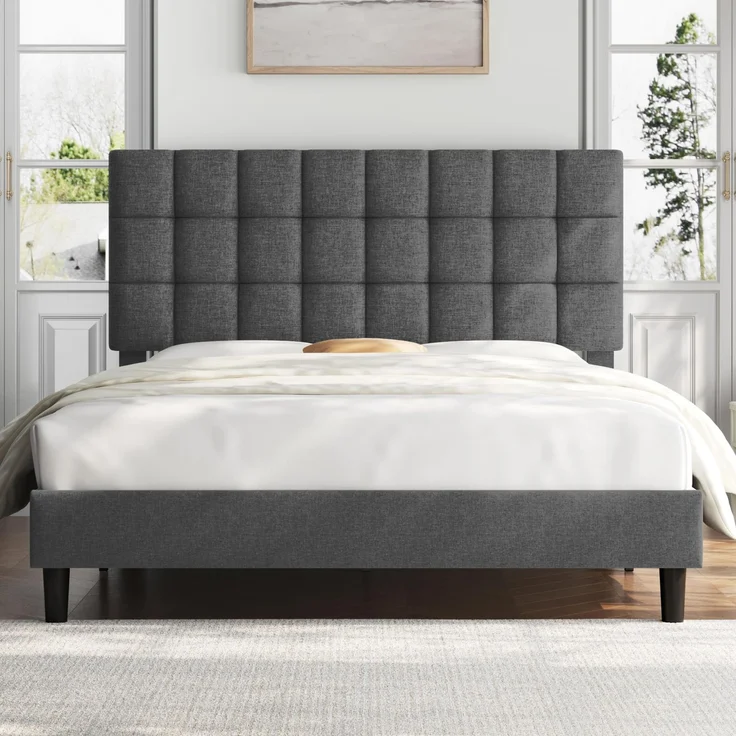 Yaheetech 160 x 200 cm Doppelbett, Stabiler Bettrahmen mit höhenverstellbarem Kopfteil, Gepolstertes Bett Bettgestell mit Lattenrost – Dunkelgrau