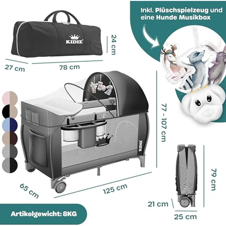 KIDIZ® Babybett Reisebett Kinderreisebett Faltbar mit Matratze 120x60, Seiteneingang, Wickelauflage, Mosktionetz, Spielbogen & Tragetasche Baby Beistellbett Kinderbett ab Geburt bis 15 kg Schwarz – Bild 8