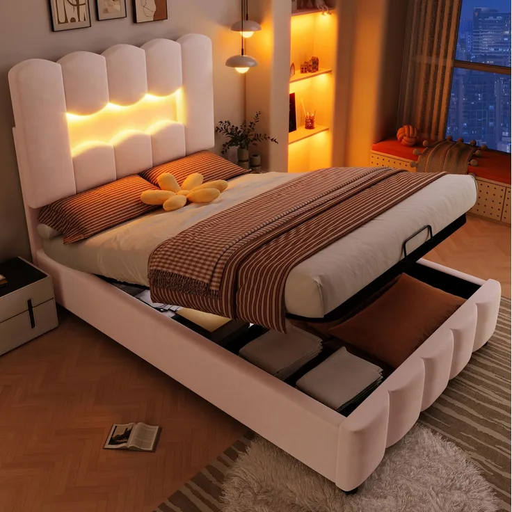 Polsterbett 90x200 cm mit Stauraum und LED-Beleuchtung – Samt in Rosa, Kopfteil verstellbar