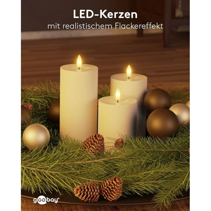 goobay 64786 LED Kerzen 3er Set mit Fernbedienung / elektrische Outdoor Kerzenlichter / realistisch flackernde Flamme / LED Deko / Timerfunktion / Flammenlose LED Kerzen / Batteriebetrieben / weiß – Bild 8