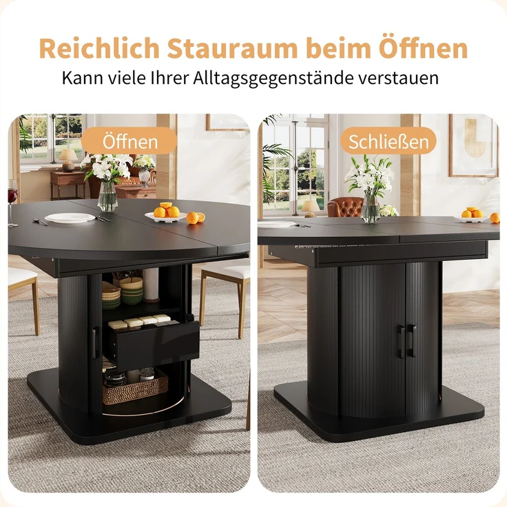 Esstisch 118-158x118x76 cm ausziehbar in Schwarz, MDF mit flexiblem Umbau und Stauraum – Bild 7