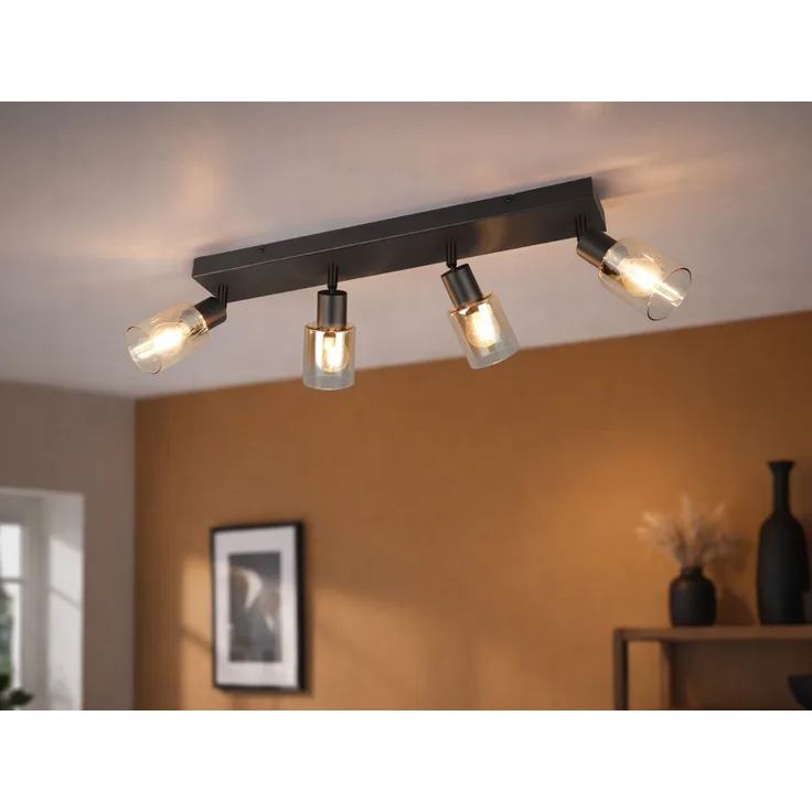 4-flammiger LED Deckenstrahler mit Glasschirmen Amberfarbig, Breite 58cm