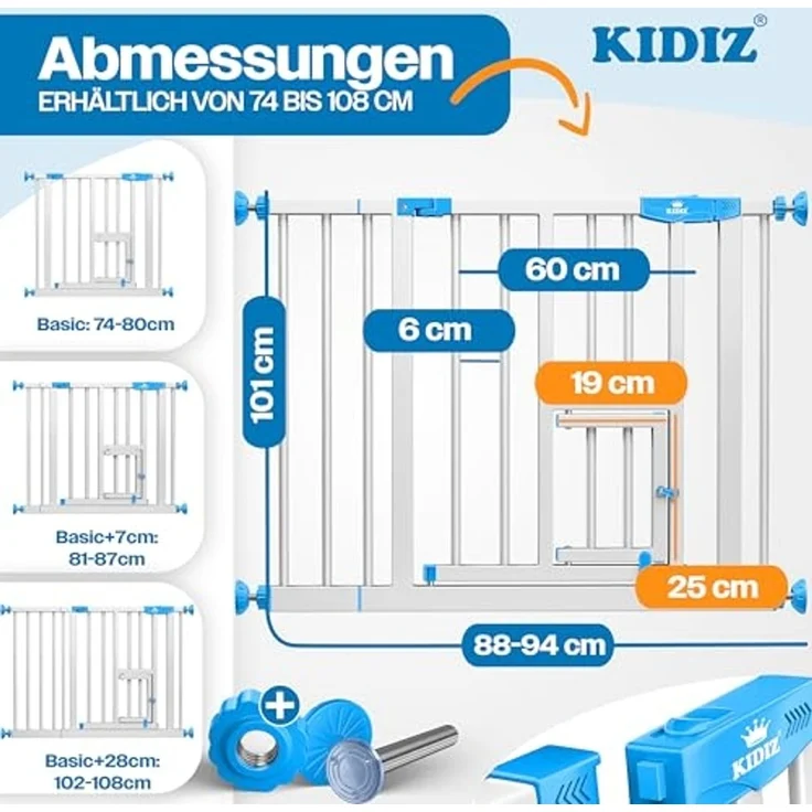 KIDIZ® Absperrgitter zum Klemmen mit Katzenklappe, Türschutzgitter, Autoclose Kinder Treppengitter ohne Bohren | 90° Stopp Schutz, schwenkbar, Treppenschutzgitter Blau, 88 - 94 cm – Bild 2