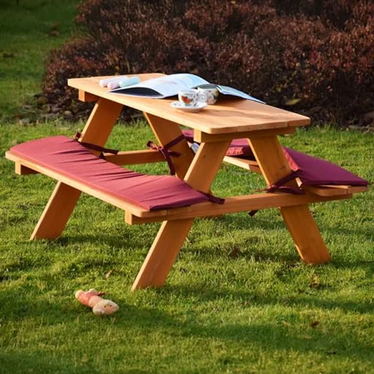 dobar® Picknicktisch für Kinder, Sitzbank aus Massiv-Holz mit 2 Sitzauflagen, wetterfest, FSC-zertifiziert, 89 x 79 x 50 cm, Braun/Rot – Bild 2