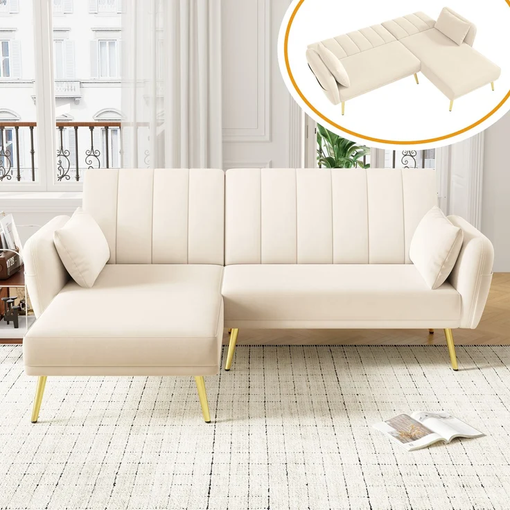 Merax Modernes Klappsofa, L-förmiges Sofa, Schlafsofa mit Zusatzecke, Ecksofa mit Schlaffunktion, Beige – Bild 3
