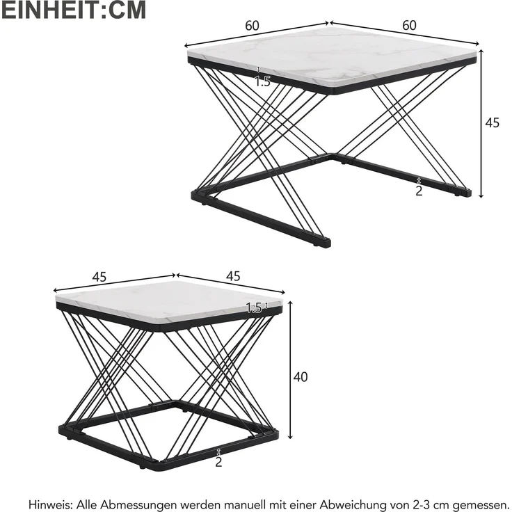 2-teiliges Couchtisch-Set in Weiß mit hochglänzender Marmoroptik, quadratische Beistelltische aus MDF mit höhenverstellbaren Füßen – Bild 9
