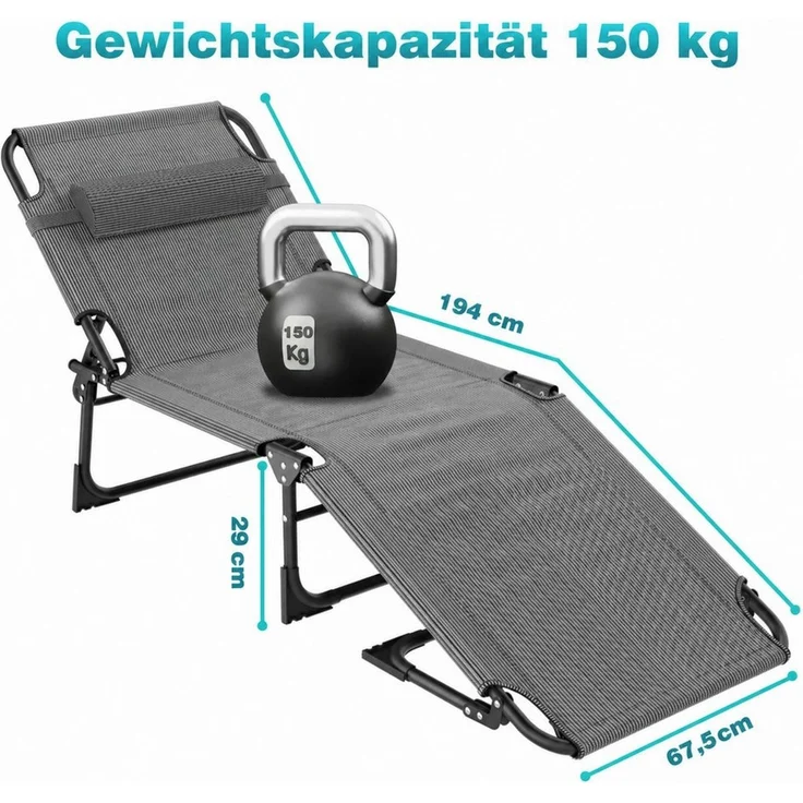 Ferghana Gartenliege Sonnenliege, Dein Sommerbegleiter, Klappbare Gartenliege mit Dach, Kopfstütze & Seitentasche & Trageschlaufen, 4 Positionen, extra breit B68 x L194 x H30 cm, Liegestuhl aus Metall – Bild 2