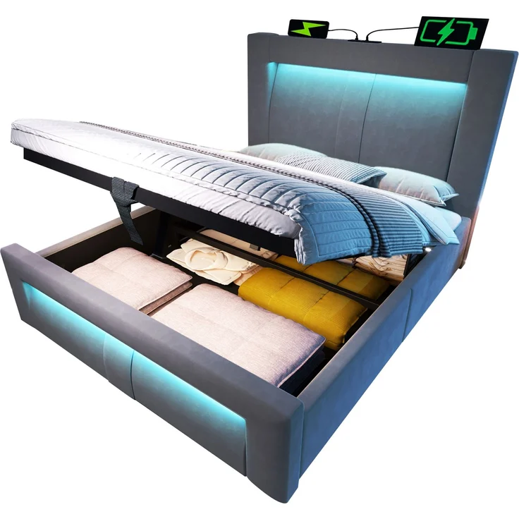 Einzelbett Samt mit Stauraum, LED & USB-Anschluss, 90x200 cm, Grau, ohne Matratze – Bild 7