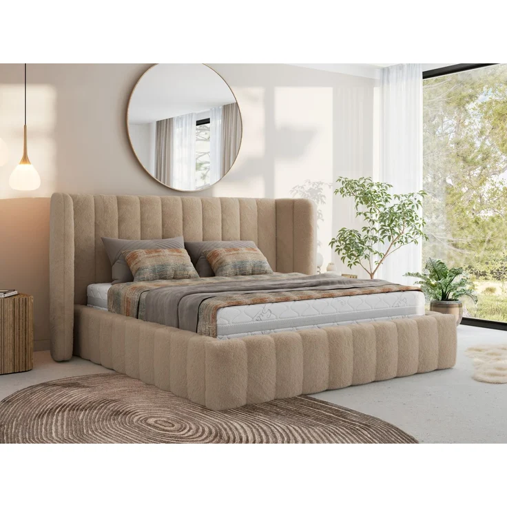 Polsterbett GOLETTA CLASSIC 200 x 200 cm mit gepolstertem Kopfteil, stabilem Bettrahmen, Lattenrost und Bettkasten mit Gasdruckfedern, Doppelbett, zeitloses Design Foam Matratze - Beige Plüsch - MIRO LUX – Bild 1