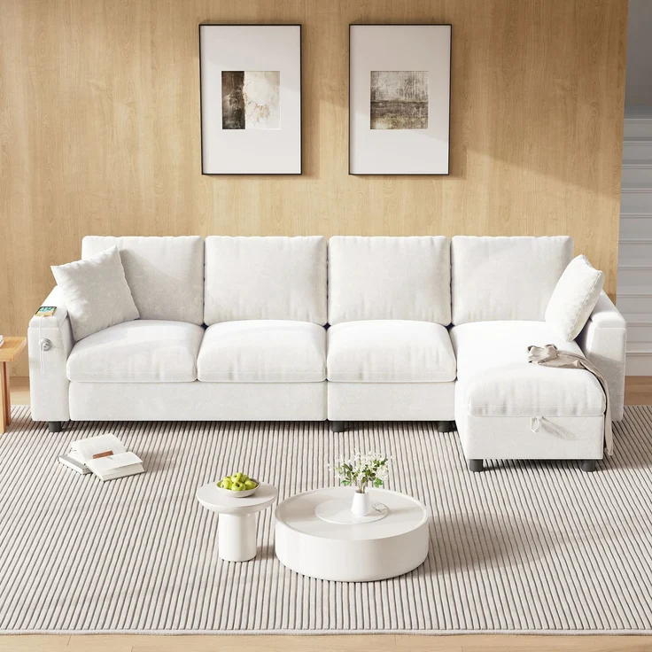 EINHOM Chenille-Stoffsofa, L-förmige Ecke und zwei Armlehnen mit Stauraum. Ausklappbarer Couchtisch mit zwei Getränkehaltern, 1 USB und 1 Typ-C. L-förmiger Teil kann links oder rechts platziert werden. Beige – Bild 5