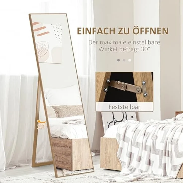 HOMCOM Standspiegel mit Ständer, freistehend, 40 x 150 cm, Natur (Set, 1-St, 1 Ankleidespiegel), gerahmter Ganzkörperspiegel – Bild 4