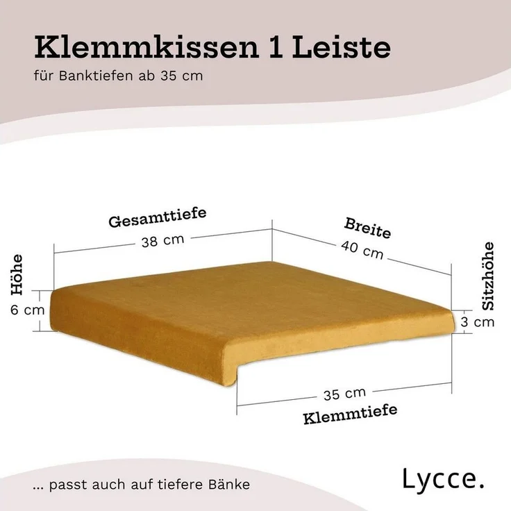 Lycce Bankauflage Klemmkissen, Sitzkissen mit 1 Leiste, 40cm breit - 35cm Klemmtiefe, (1 St), weich gepolstert, verrutscht nicht, edle Optik Samt senf olive – Bild 3