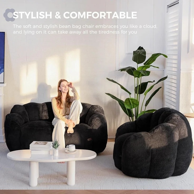 Sitzsack Erwachsene Beanbag Memoryfoam Kunstfell Schwarz 105*105*78 – Bild 9