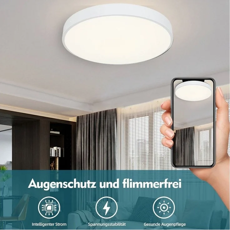 Natsen Deckenleuchte Runde LED Deckenlampe, 36W, Warmweiß 3000K, Schlafzimmer Lampe Küchenlampe 40x40x4 cm, Weiß – Bild 2