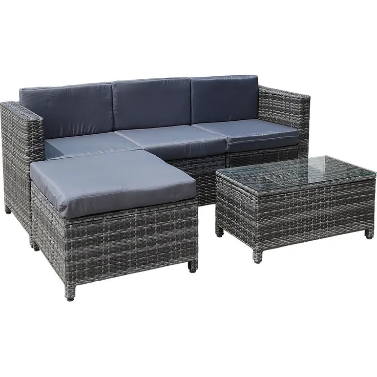 Polyrattan Lounge Gartensofa Set Hocker Tisch Sitzgruppe Grau Rattanmöbel Liege