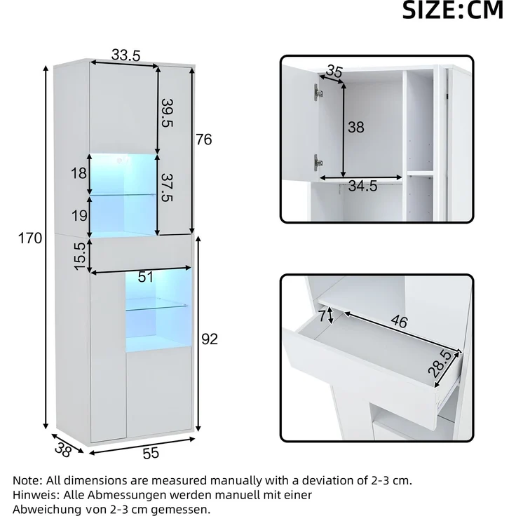 DESVIAE Vitrine mit LED-Beleuchtung und Schublade 55x170x38 cm Spanplatte Weiß – Bild 10