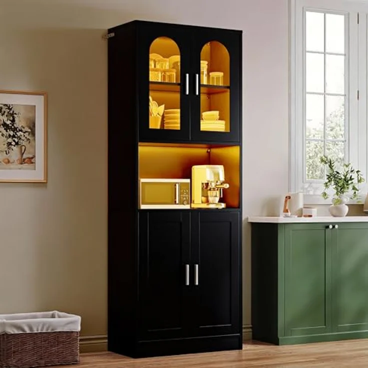 YITAHOME Hohes Bücherregal, Holzregal mit Schranktüren, modernes Bücherregal mit Präsentationsfläche, Aufbewahrungsschrank mit Beleuchtung für Zuhause, Büro, Wohnzimmer, Schwarz – Bild 8