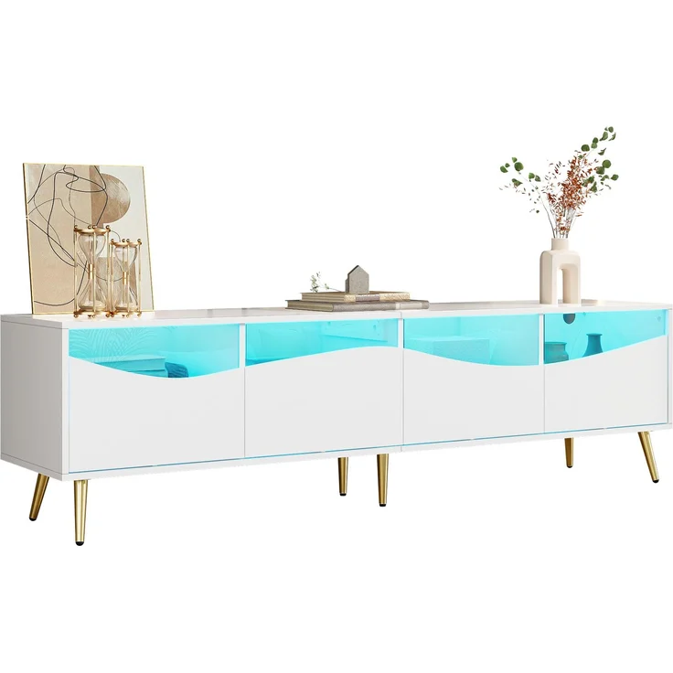 Merax 180cm TV-Schrank Lowboard mit LED-Beleuchtung, holzfarbener Korpus, goldenen Metallfüßen, Glasfront & Stauraum, Weiß – Bild 9