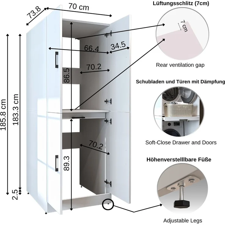 Roomart Waschmaschinenschrank - DORA-I- 115 cm breit - Wasch- & Trocknerschrank mit Türen & Ausziehbrett, Waschmaschinen-Überbau für Waschküche & Hauswirtschaftsraum • Anthrazit-Eiche – Bild 6