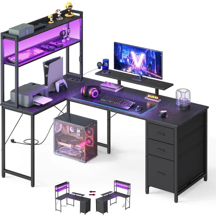 VASAGLE L-Form Schreibtisch, Eckschreibtisch mit Steckdosen und LED-Beleuchtung, mit Schubladen und Monitorständer, 160 x 100 x 150 cm, Schwarz, für Home Office, LWD163B101