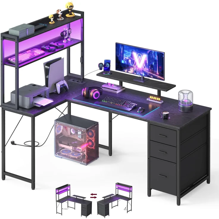 VASAGLE L-Form Schreibtisch, Eckschreibtisch mit Steckdosen und LED-Beleuchtung, mit Schubladen und Monitorständer, 160 x 100 x 150 cm, Schwarz, für Home Office, LWD163B101