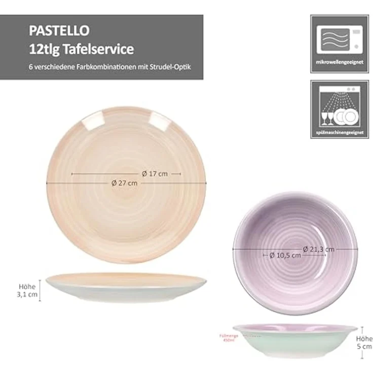 MamboCat Tafelservice Pastello Tellerset 12-tlg Ø 27 cm & Ø 21,3 cm Steingut Pastellfarben, Steingut – Bild 6