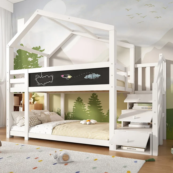 Kinder Hochbett Baumhaus mit Schubladen und Wandtafel, Weiß 90×200 cm, Etagenbett mit Treppe, Massivholz – Bild 3