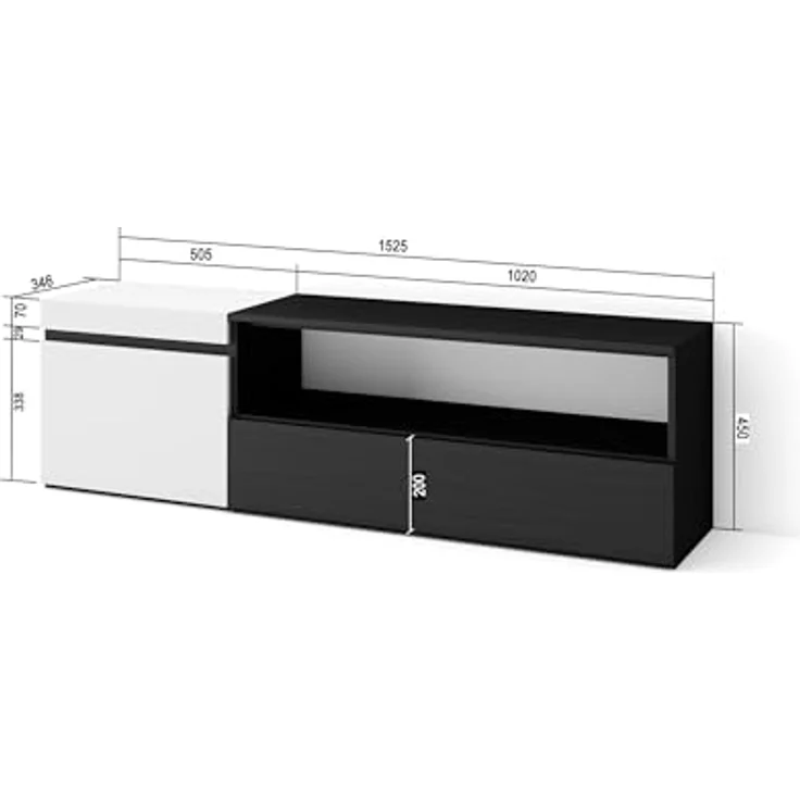 Skraut Home | TV-Schrank, Lowboard | für Wohnzimmer und Esszimmer | 150x45x35cm | Für TV-Geräte bis zu 65" | Fernsehtisch | Moderner Stil | Weiß und Schwarz – Bild 5