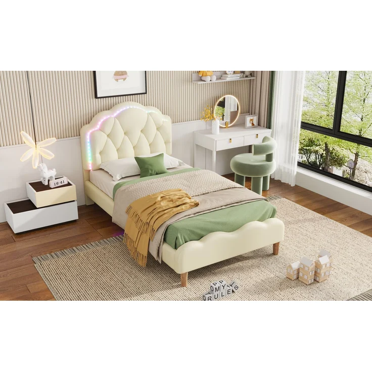 EINHOM Polsterbett, Wellenförmiges Kopfteil mit Zugpunktleiste, mit Mehrfarbigen, Wechselnden LED-Streifen, Kinderbett mit Holzlatten, Einzelbett, PU, 90 x 200 cm, Beige, (Ohne Matratze) – Bild 6