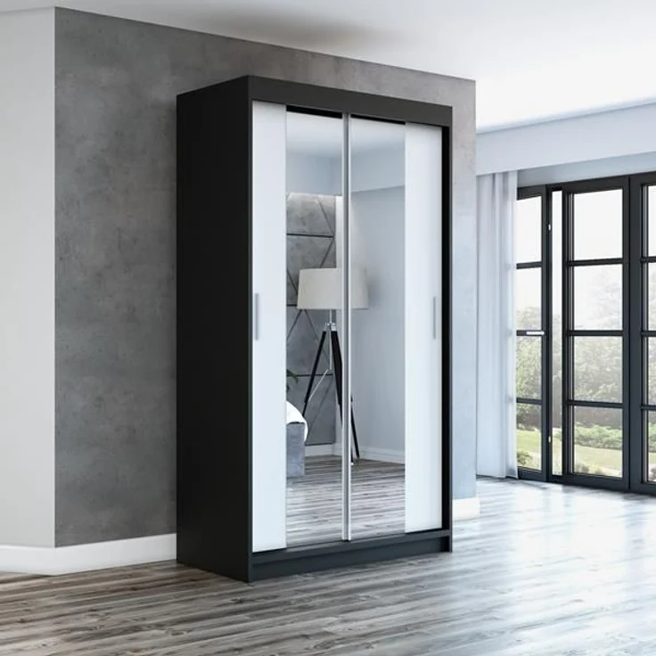 Schwebetürenschrank NEO 2-türig Schrank 120 cm (mit Spiegel) Farbe: Schwarz , weiß – Bild 2
