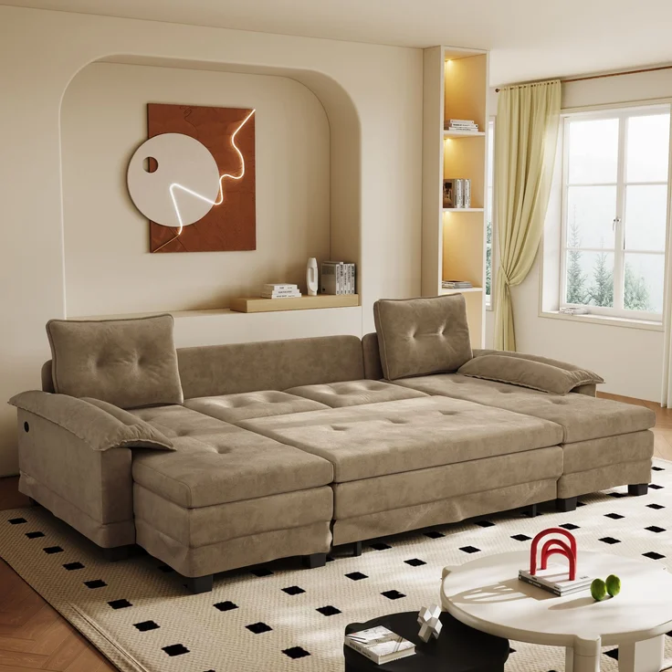 ZUBALIYA Schlafsofa 127x87 cm, mit USB - Anschluss, mit Ausziehbett, mit Chenille - Bezug, mit Samtbezug, modular aufgebaut, Weiß – Bild 12