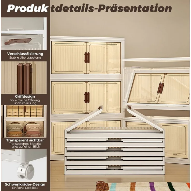 GLIESE Aufbewahrungsbox 152 x 60 x 33 cm Aufbewahrungsschrank mit Rollen & transparenten Türen (1 St, 5-stufiger Aufbewahrungsbox), Mobiler 5-stufiger Schrank platzsparend stapeln, leicht organisieren