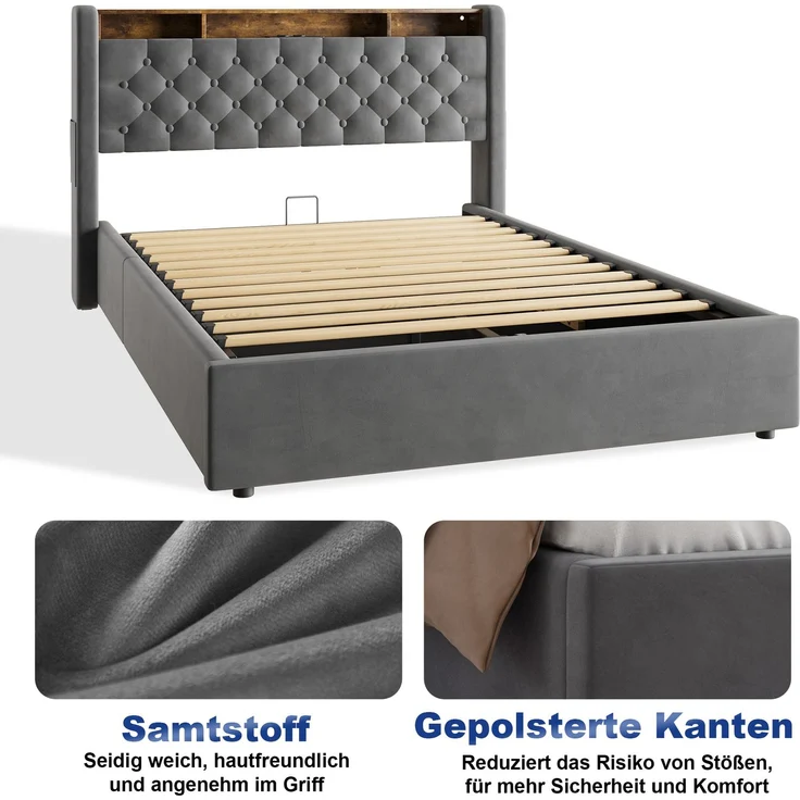 MODFU Polsterbett Mit Stauraum,LED-Beleuchtung und USB-Anschlüssen (Funktionsbett, 1-tlg, Stabiler Metallrahmen, inkl. Lattenrost, ohne Matratze), 140x200 cm, Hollandvelours, Kopfteil-Ablage – Bild 8