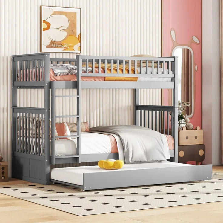 Etagenbett mit 2 Liegeflächen, Ausziehbett, Lattenrost, Leiter und Rausfallschutz, 90x200 cm, Kinderbett umbaufähig zu 2 Einzelbetten, Kiefer