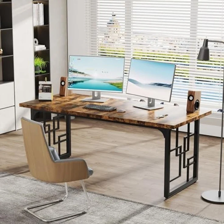 LITTLE TREE Schreibtisch Computertisch, Holz und Metall Großer Bürotisch, Moderner PC Tisch für Homeoffice Büro Studium Gaming, Stabiler Arbeitstisch mit vintagebraun-schwarz 160 cm – Bild 2