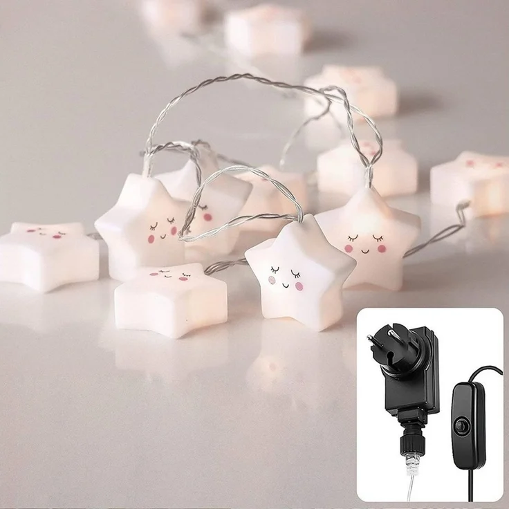 COZY HOME LED-Lichterkette Sternen Batterie und Stecker, 20 LED I 5m I Warmweiße LED-Stern Lichterkette I Kinderbett Bunt Deko – Bild 1