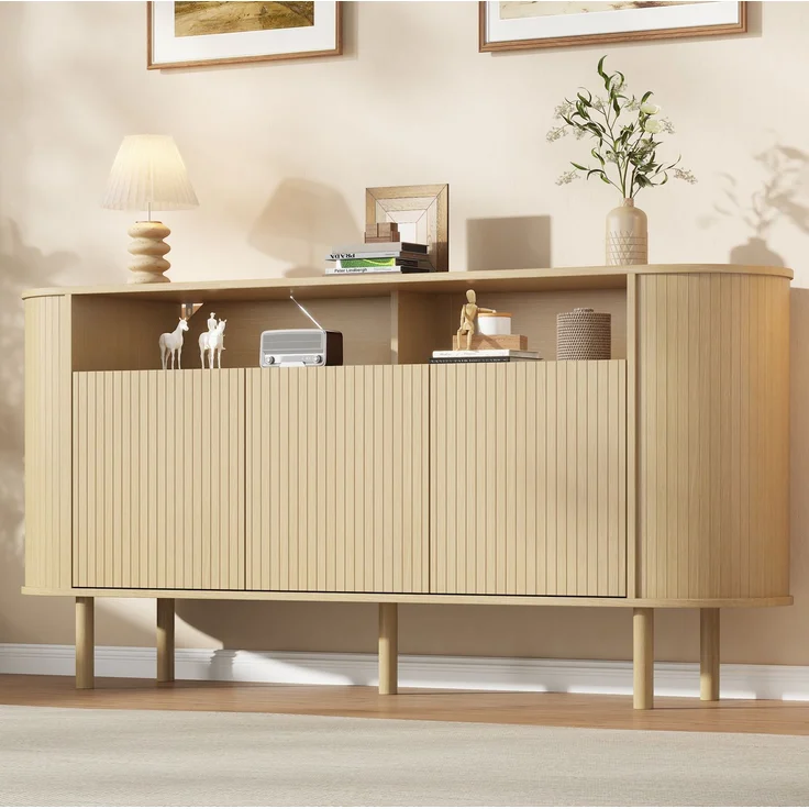 DESVIAE Sideboard Naturholz aus Spanplatte – 160x78,5x40 cm – 3 Wellentüren, offene Fächer – Bild 3