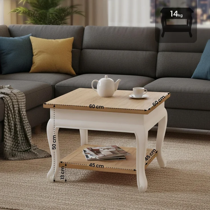 CLP Couchtisch Thordis quadratisch 60 x 60 cm Holz mit 2 Ebenen rustikaler Stil,natura/weiß 60x60 cm – Bild 2