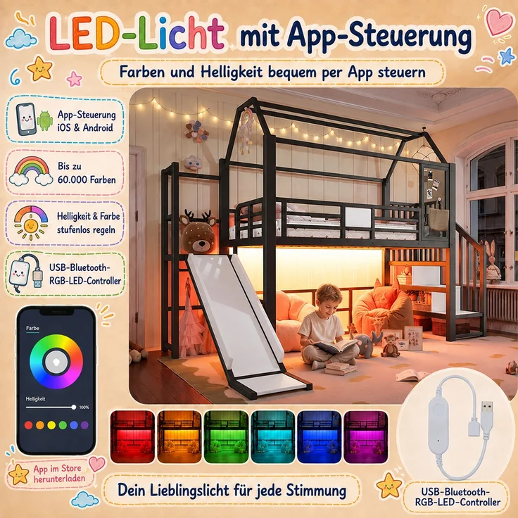 Abrihome Metall Hochbett Hausform für Kinder, Rutsche, Treppe, Stauraum, LED, Schwarz, 90x200 cm – Bild 6