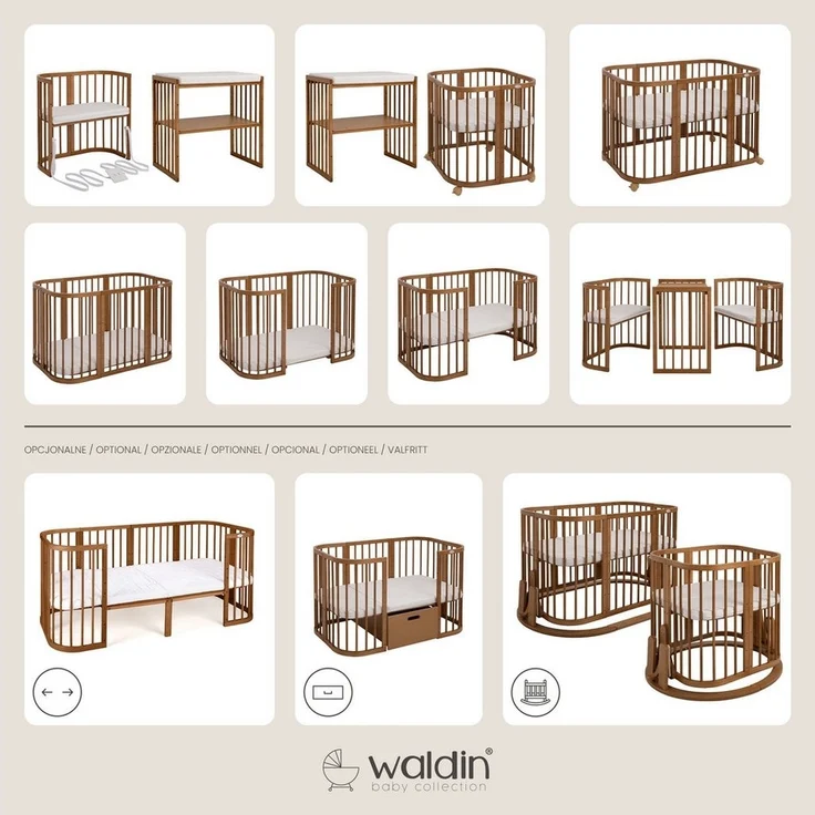 Waldin Babybett aus Holz 7in1 mit Matratze, Mitwachsendes Kinder-Bett, Belüftet, Boden 5-Fach Verstellbar, All-Inclusive-Set, Holz Vintage – Bild 3