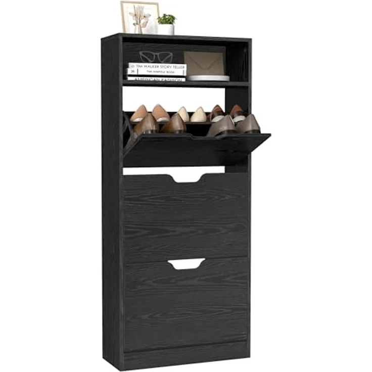 Vasagle Schuhschrank 3 Klappen, Schuhkipper, Schuhregal, Schuhaufbewahrung, offenes Fach, Trennwand verstellbar, für 14-18 Paar Schuhe, Flur, 24 x 60 x 139 cm, ebenholzschwarz LBCDE046B03 – Bild 1