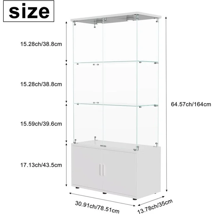 Simurq Glasvitrine Standvitrine aus Glas mit LED, Vitrinenschrank Schrank für Sammlung (Glas Vitrine mit 2 Glastür und 3 Lagen, Glasschrank mit Schloss) Vitrine aus Glas, perfekt für Sammler, Sammelvitrine – Bild 2