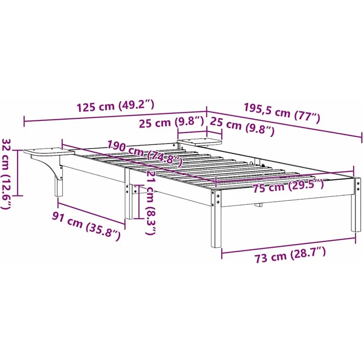 vidaXL Bettrahmen Wachsbraun 75 x 190 cm Massives Kiefernholz 873216 – Bild 10