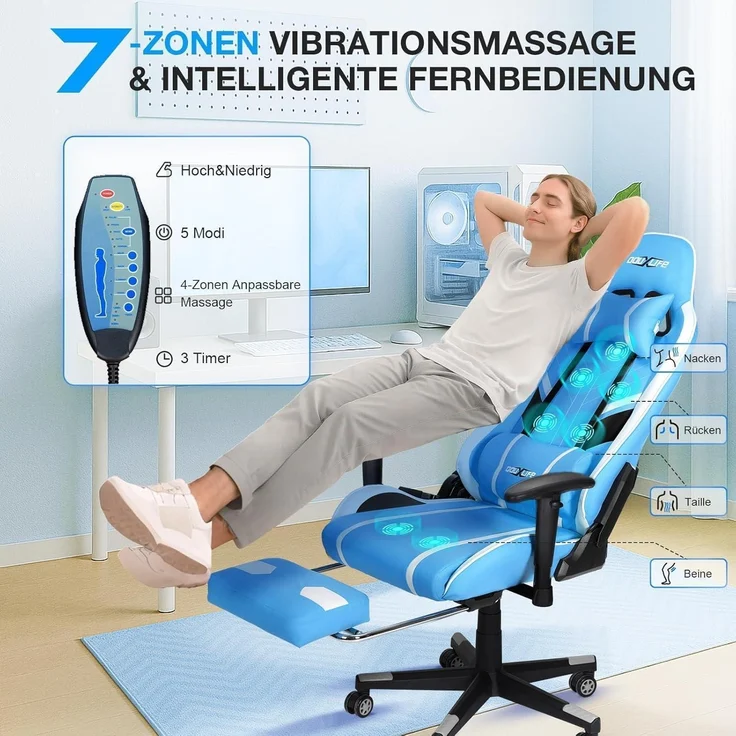 Gaming Stuhl mit 7 Punkt Massage Fußstütze Ergonomischer Bürostuhl Blau – Bild 4