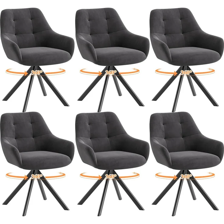 MALOL Drehbare Esszimmerstühle 6er Set, 360° Drehbare Armlehnstühle mit weichem Florstoff & Metallgestell, Bequeme Esszimmerstühle Drehbar mit Rückenlehne für Küche, Esszimmer, Büro, Grau