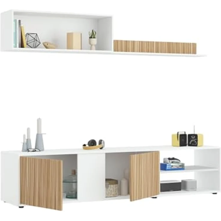 Dmora - Wohnzimmermöbel Titusville, TV-Ständer, Wohnzimmermöbel, Zusammensetzung des Wohnzimmersets, Wohnzimmerset mit Schrankwand, 180 x 33 x 40 cm, Weiß und Eiche – Bild 7