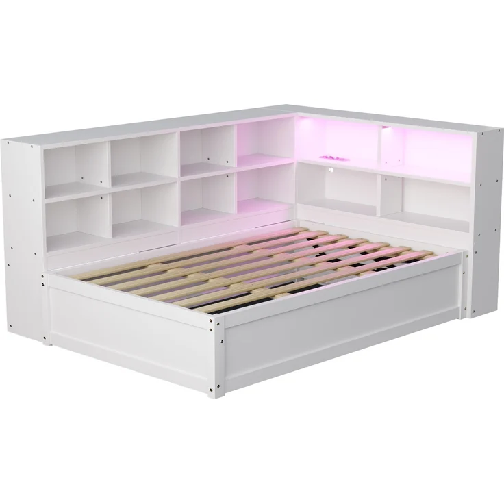 Bett 90x200 cm mit Stauraum und LED-Lichtleiste – multifunktionales Schlafsofa aus Kiefernholz in Weiß – Bild 9