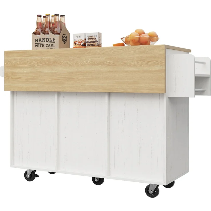 Kücheninsel Weiß klappbarer Küchenwagen mit multifunktionalem Stauraum mit Holzmaserung, Zinkgriffe, verstellbare Schränke – Bild 9