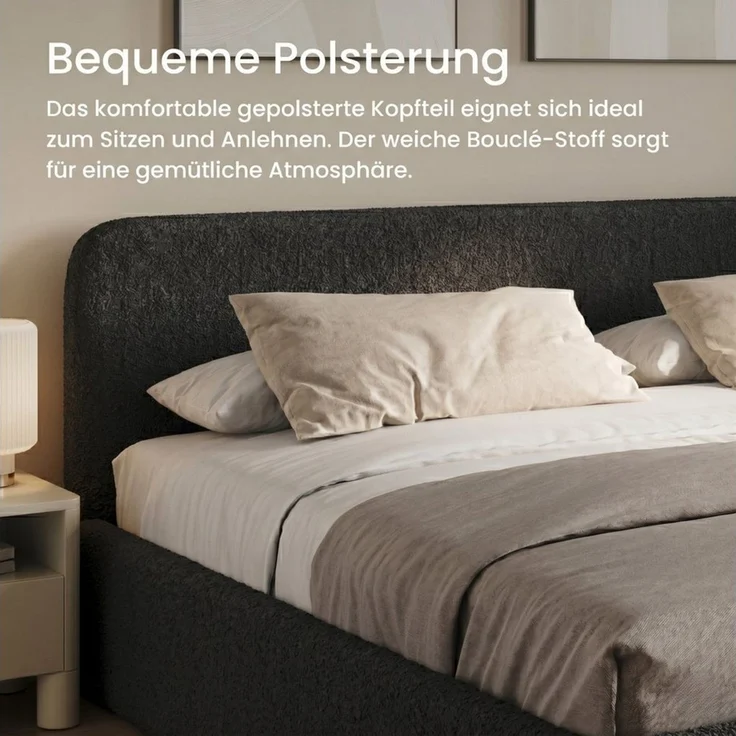 Home Collective Polsterbett Bett mit Stauraum, verstellbarem Lattenrost, viele Größen (Größen: 100x200 120x200 140x200 160x200 180x200 200x200, trendiger Bouclé-Stoff, made in Germany), wählbare Matratze Federkern oder Kaltschaum Schwarz – Bild 4