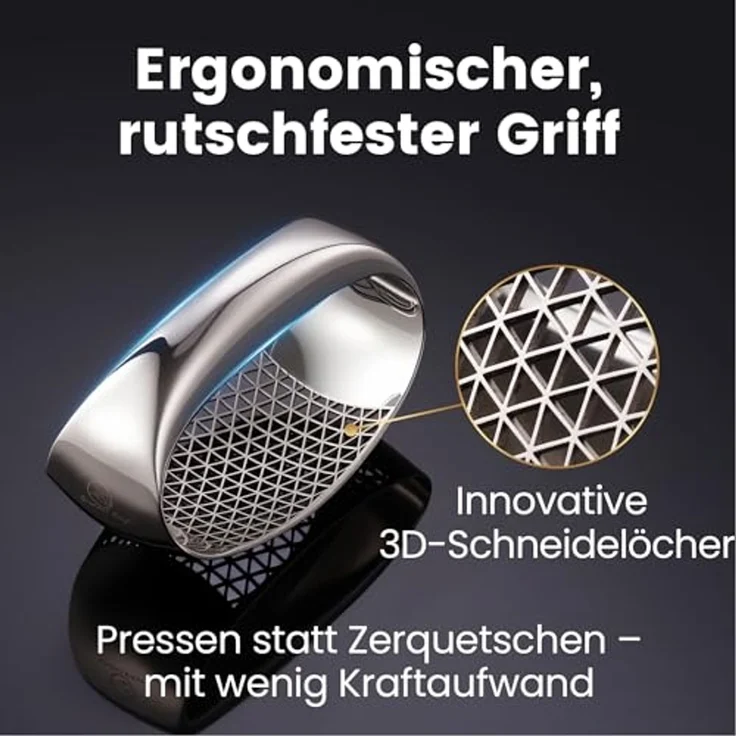 Knoblauchpresse (Wippe) aus Edelstahl mit Auswurf-Basis + Schaber-Löffel – Bild 2